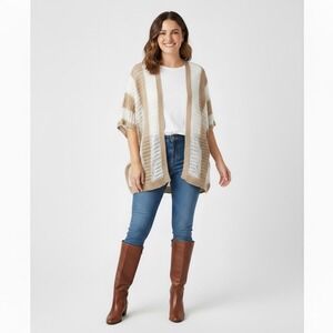 Jillian & Nicole‎ Cardigan Sweater Women 3X Tan White Stripe Poncho Dolman Open